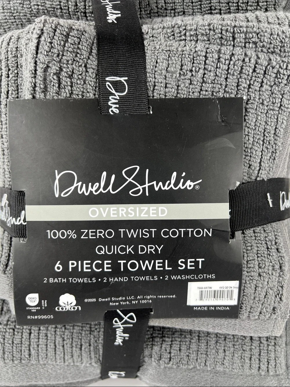 Dwell Studio Bath Towel Set Dark Gray Soft 100% Cotton Zero Twist Set of 6 NEW
